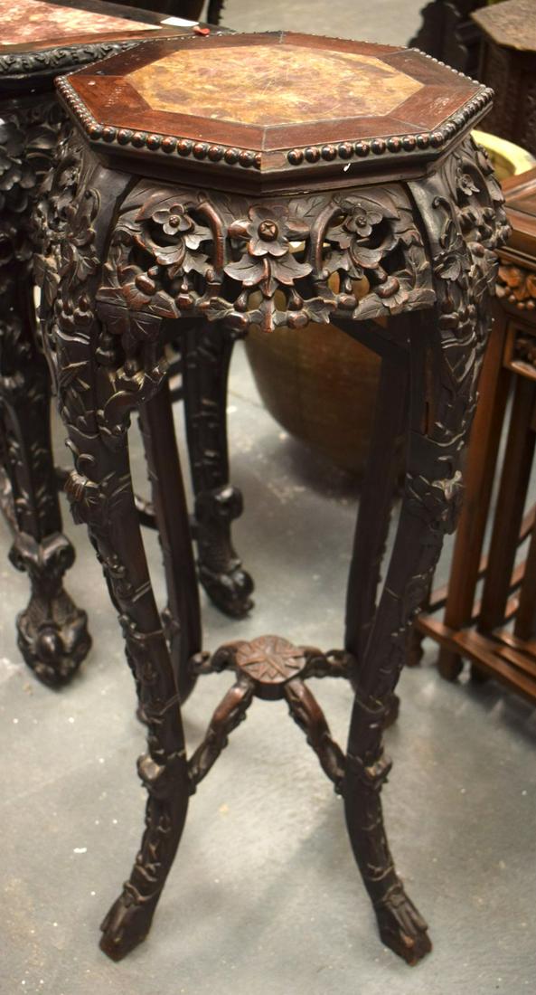 A 19TH CENTURY CHINESE CARVED HARDWOOD MARBLE INSET TABLE Qing. 91 cm x 40 cm. (1 of 3)