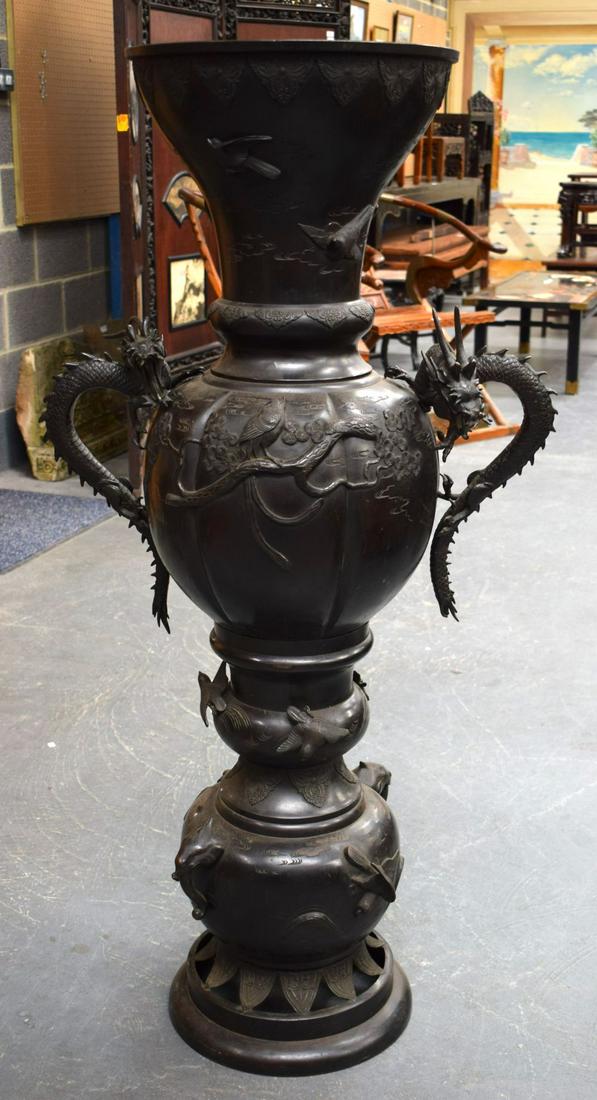 A VERY LARGE 19TH CENTURY JAPANESE MEIJI PERIOD BRONZE VASE decorated with birds and dragons. 133 cm (1 of 12)