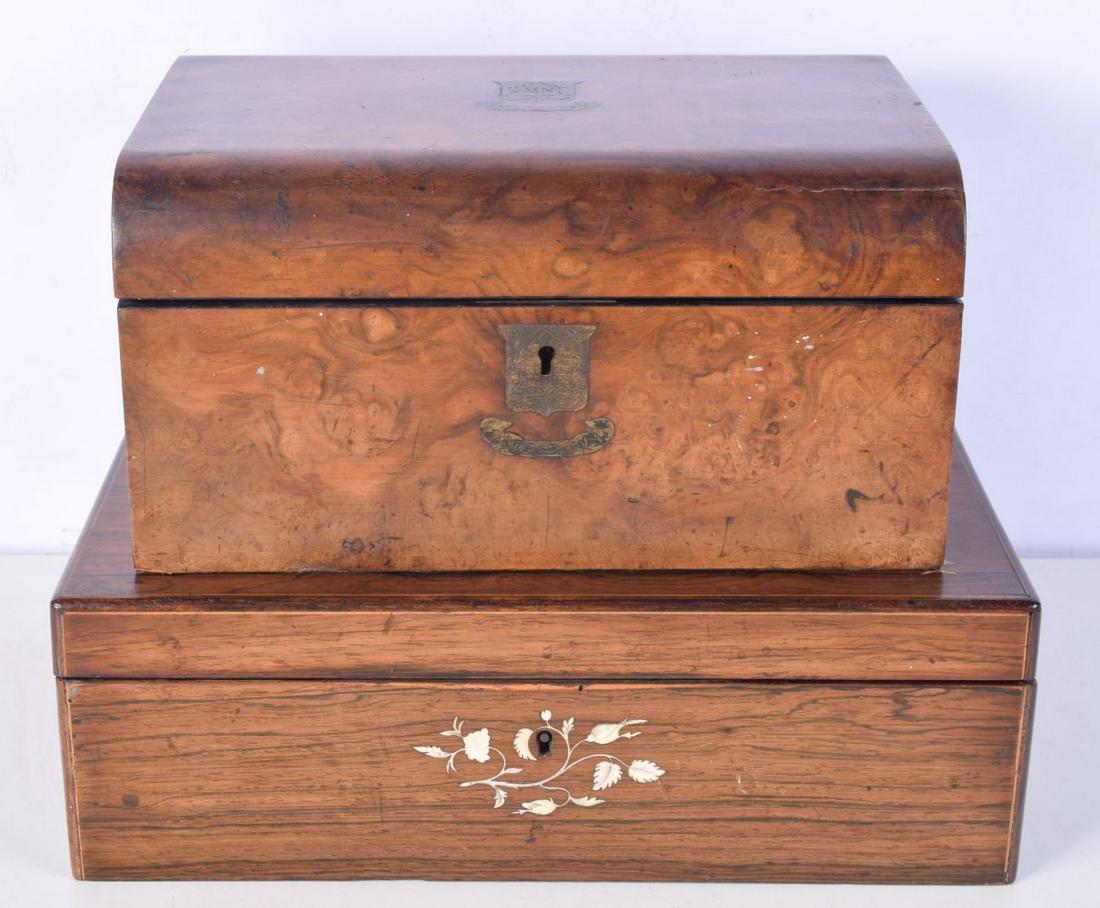 An antique wooden writing slope inlaid with flowers together with a burr wood sewing box largest 12 (1 of 9)