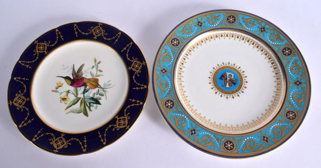 LATE 19TH CENTURY MINTONS CHINA PLATE WITH A RAISED GILT AND JEWELLED TURQUOISE BORDER  THE CENTRE W (1 of 2)