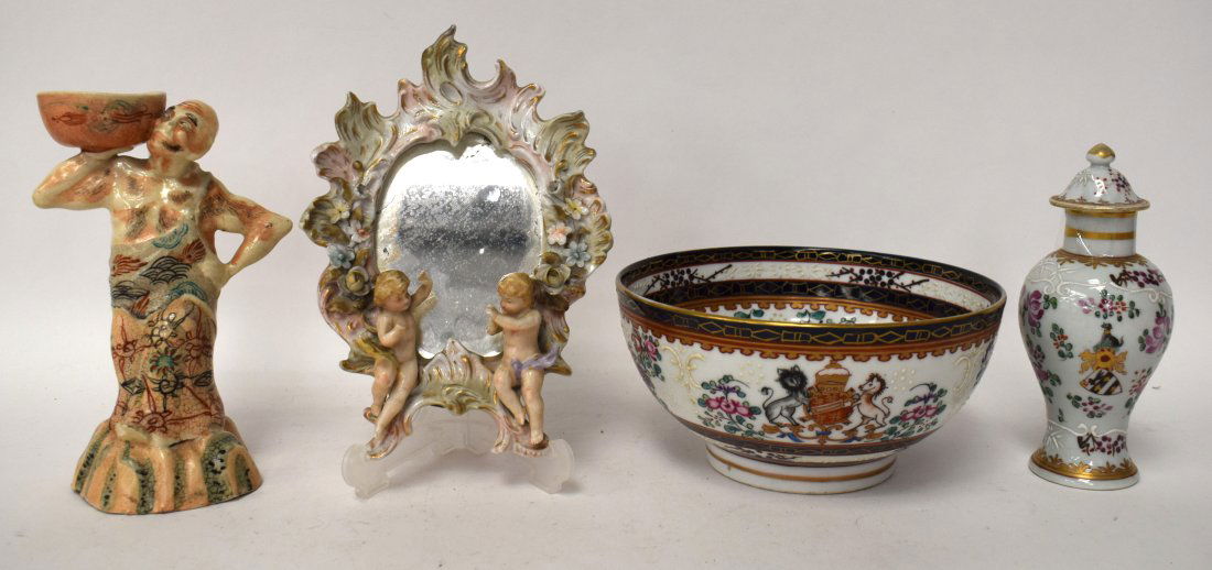 A 19TH CENTURY JAPANESE MEIJI PERIOD SATSUMA FIGURE together with Samsons of Paris porcelain.: A 19TH CENTURY JAPANESE MEIJI PERIOD SATSUMA FIGURE together with Samsons of Paris porcelain.