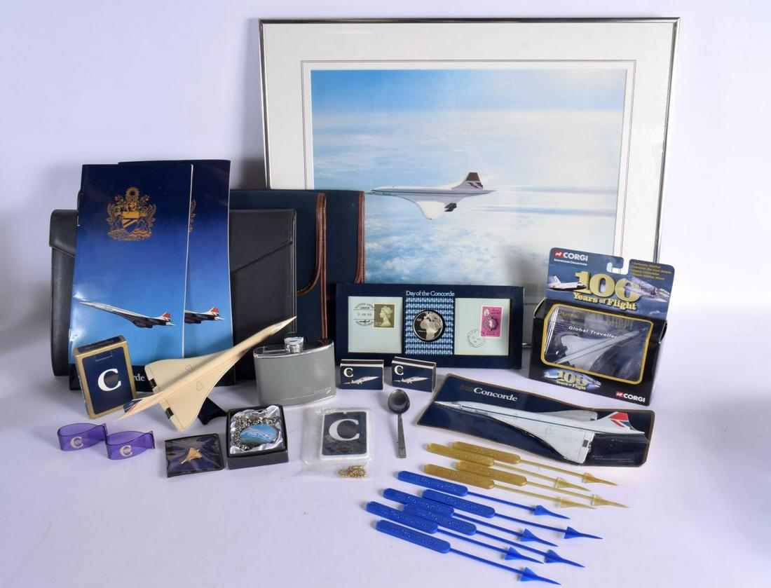 A RARE COLLECTION OF CONCORDE RELATED EPHEMERA including menus cocktail sticks a hip flask badges: A RARE COLLECTION OF CONCORDE RELATED EPHEMERA including menus cocktail sticks a hip flask badges toys etc. (qty)