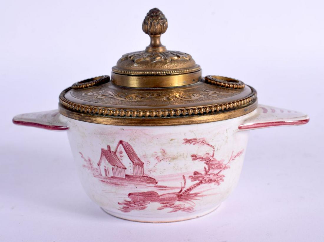 A SMALL 18TH/19TH CENTURY CONTINENTAL TWIN HANDLED INKWELL with bronze mounts. 11 cm x 7 cm. (1 of 5)