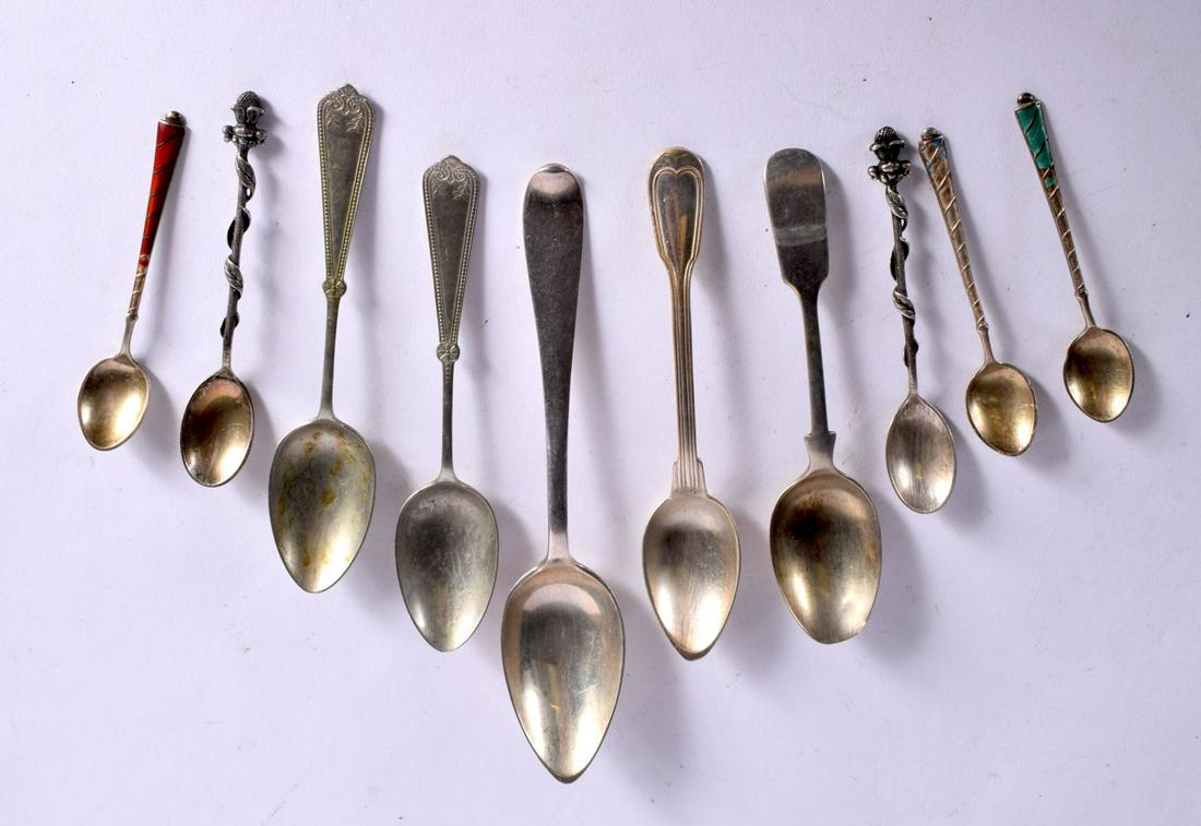 TEN ASSORTED SILVER SPOONS WITH CONTINENTAL AND SOUTH AMERICAN MARKS.  Largest 18cm x 3.7cm  total w (1 of 2)