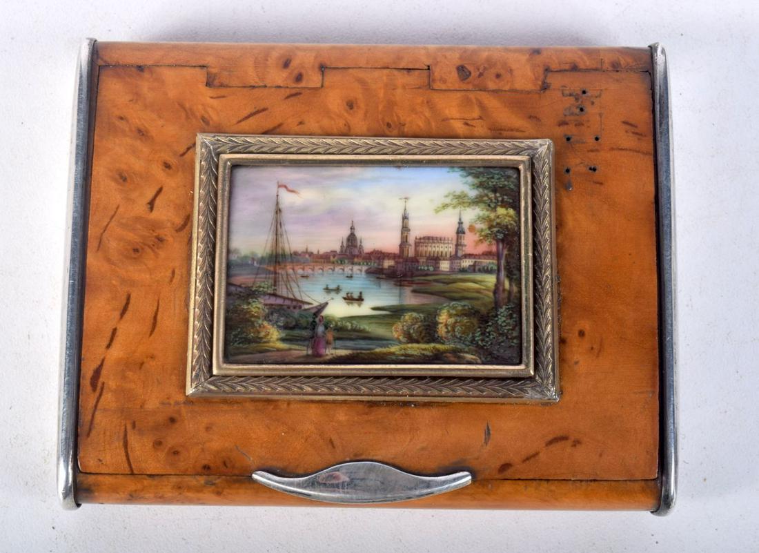 A RARE 19TH CENTURY RUSSIAN SILVER PORCELAIN AND WOOD BOX painted with a lake scene. 63 grams. 9 cm (1 of 5)