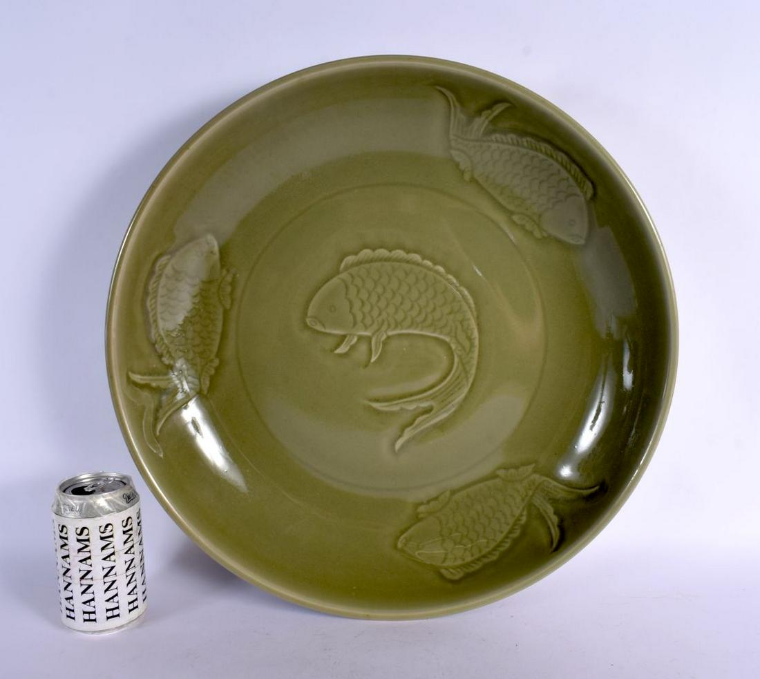 A VERY LARGE 19TH CENTURY CHINESE CELADON LONGQUAN DISH decorated with carp swimming. 40 cm diameter (1 of 6)