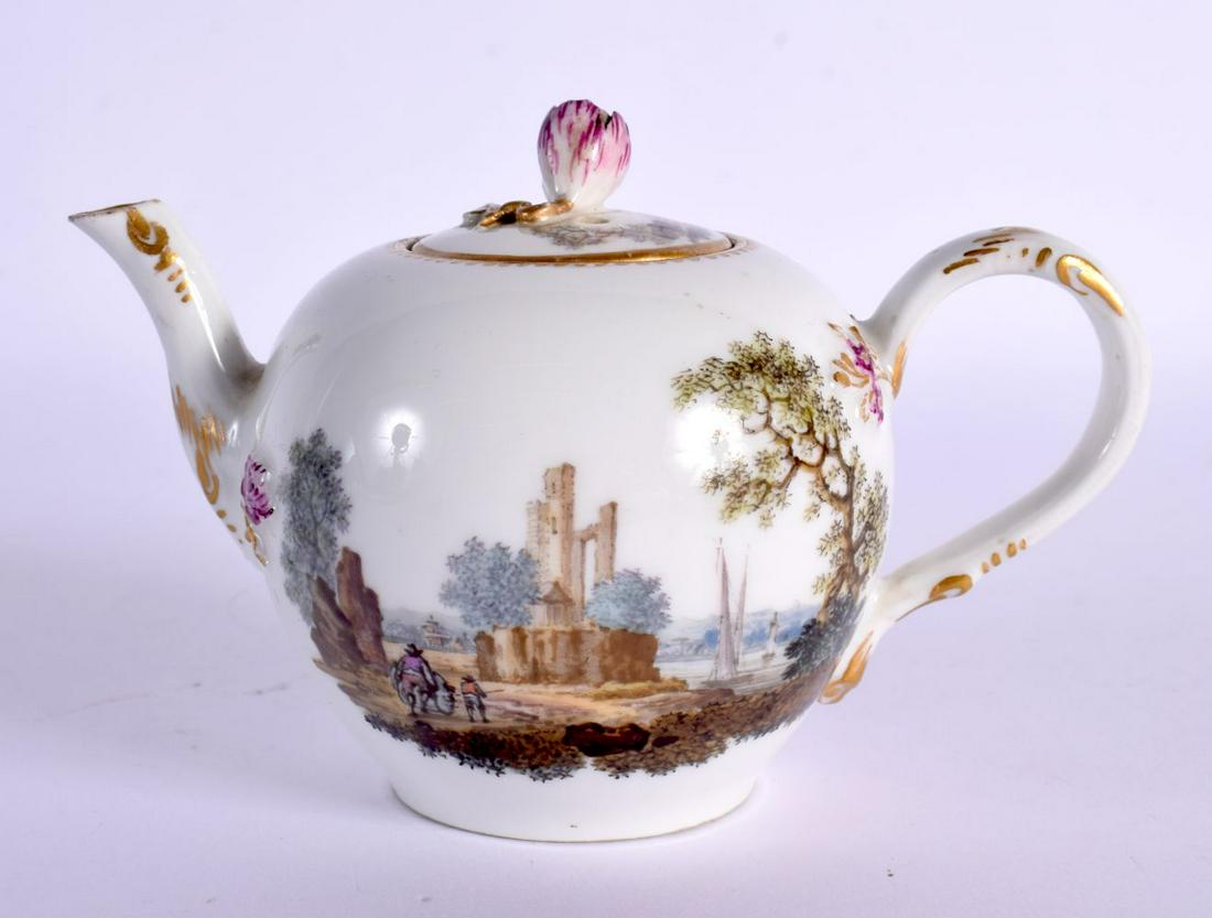 18th century Meissen miniature teapot and cover painted with two landscapes with figures, the cover (1 of 4)