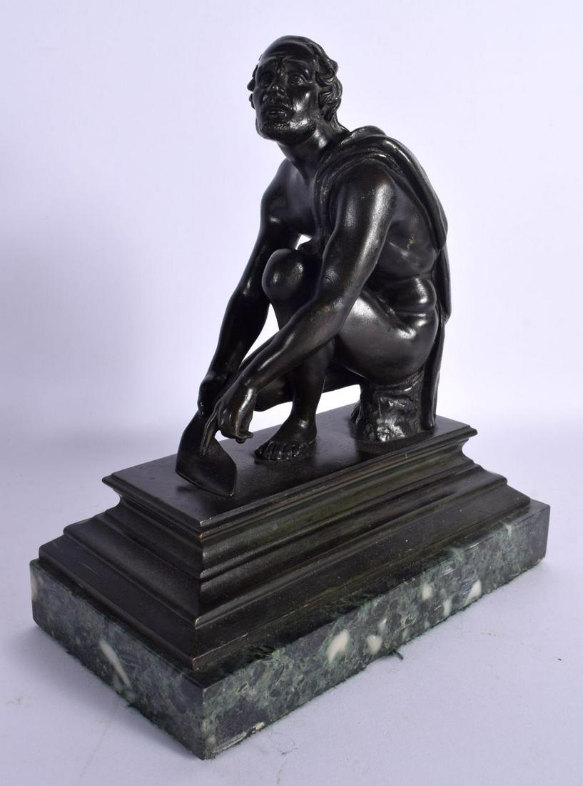 A 19TH CENTURY EUROPEAN GRAND TOUR BRONZE FIGURE OF A KNIFE SHARPENER modelled upon a green marble b (1 of 5)
