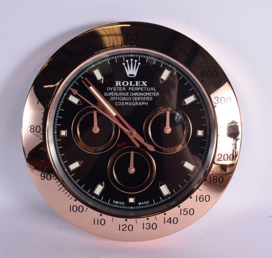 A ROLEX SHOP DISPLAY ADVERTISING WALL CLOCK. 33 cm diameter.: A ROLEX SHOP DISPLAY ADVERTISING WALL CLOCK. 33 cm diameter.