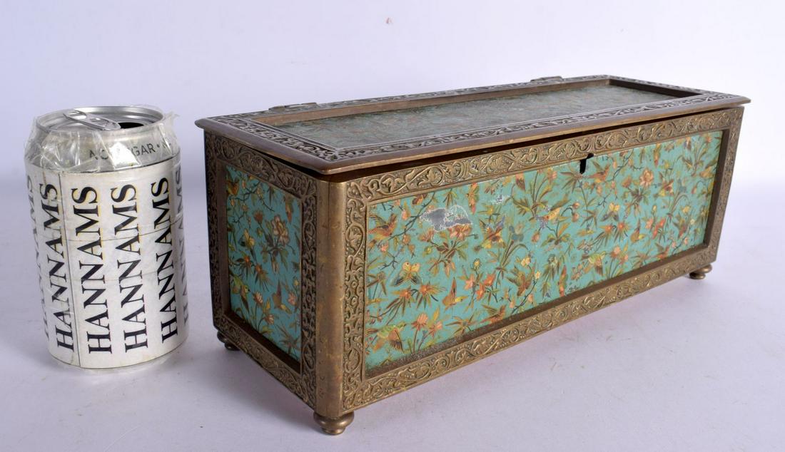 A LARGE EARLY 20TH CENTURY FRENCH IMITATION CLOISONNE ENAMEL AND BRONZE CASKET. 30 cm x 12 cm.: A LARGE EARLY 20TH CENTURY FRENCH IMITATION CLOISONNE ENAMEL AND BRONZE CASKET. 30 cm x 12 cm.