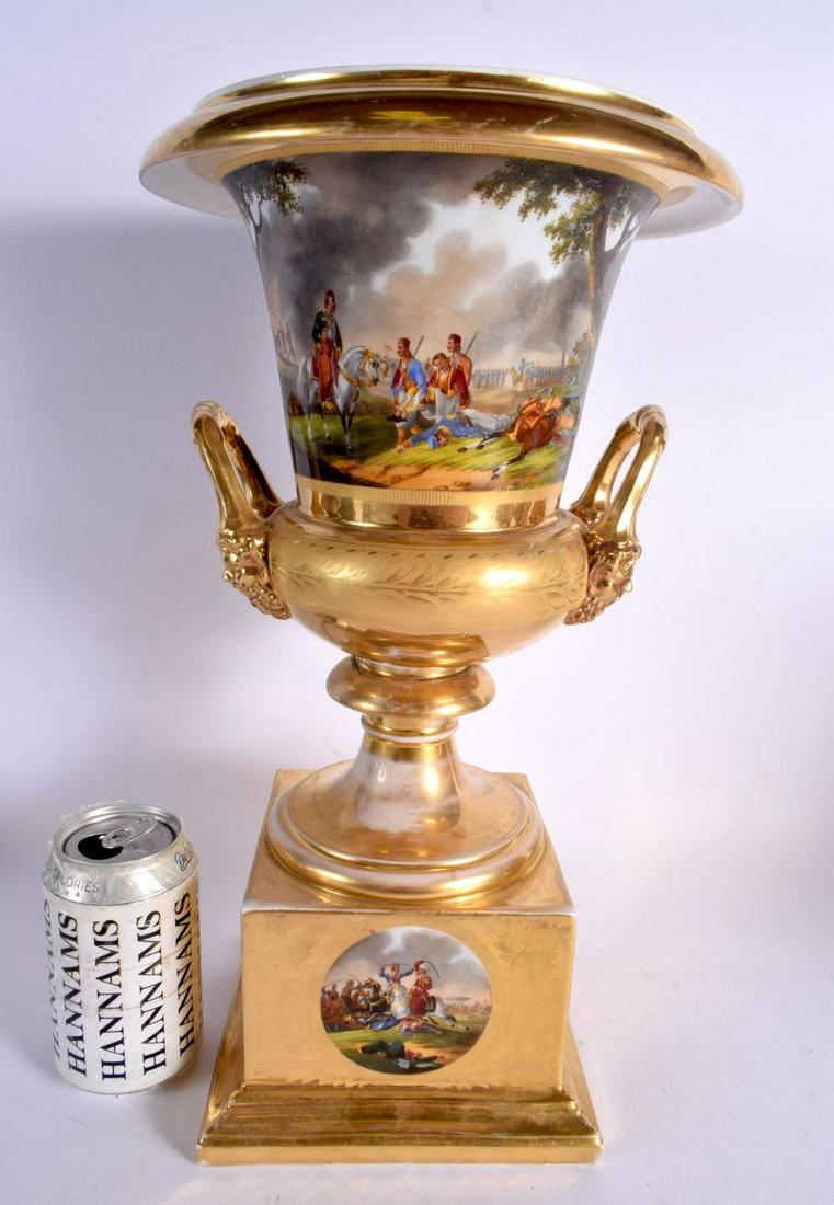 A RARE LARGE EARLY 19TH CENTURY FRENCH EMPIRE STYLE CAMPAGNA PORCELAIN URN painted with Prussian sce (1 of 6)