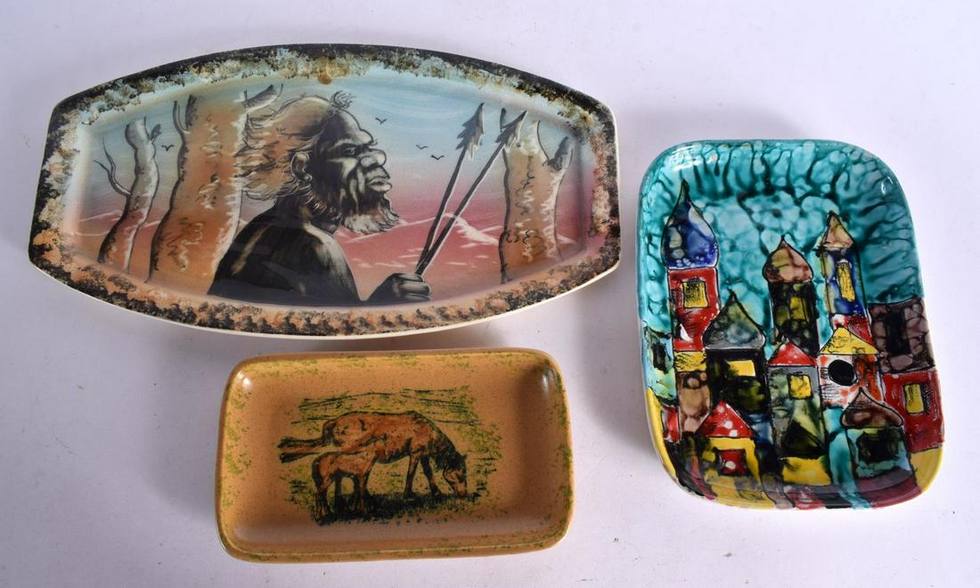AN INTERESTING AUSTRALIAN ABORIGINAL PORCELAIN DISH together with two other retro dishes. Largest 37: AN INTERESTING AUSTRALIAN ABORIGINAL PORCELAIN DISH together with two other retro dishes. Largest 37 cm wide. (3)