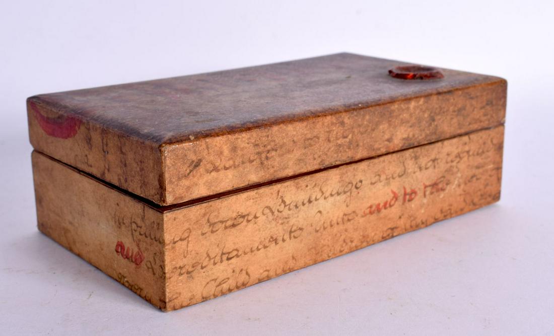 A VERY UNUSUAL 18TH CENTURY RECTANGULAR BOX wrapped in calligraphy animal hide vellum. 17 cm x 9 cm. (1 of 5)