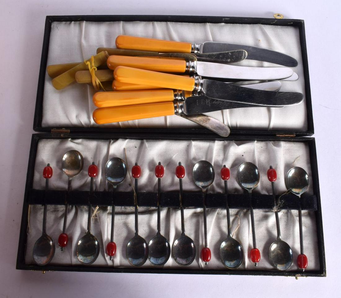 A SET OF ART DECO CHERRY AMBER BAKELITE COFFEE BEAN SPONS together with flatware. (qty) (1 of 5)