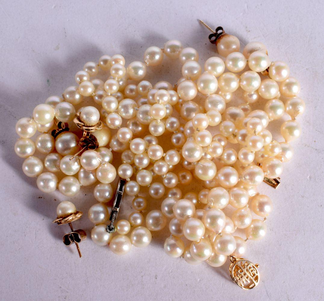 TWO CULTURED PEARL NECKLACES ONE WITH 14CT GOLD CLASP TOGETHER WITH 3 PAIRS OF PEARL EARRINGS.   Sta (1 of 2)