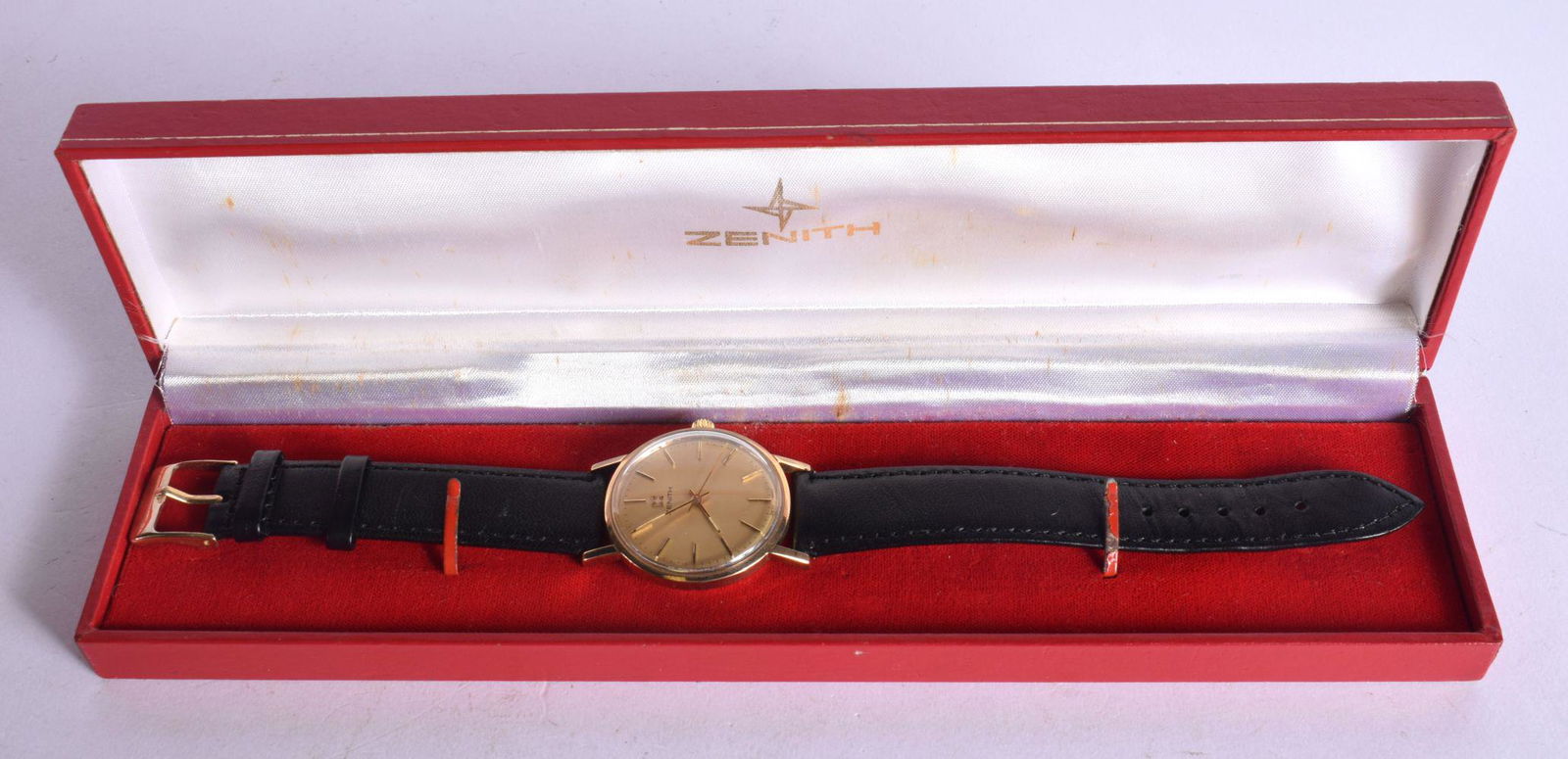 A BOXED 9CT GOLD CASED ZENITH WATCH.  Dial 3.6cm incl crown (1 of 4)