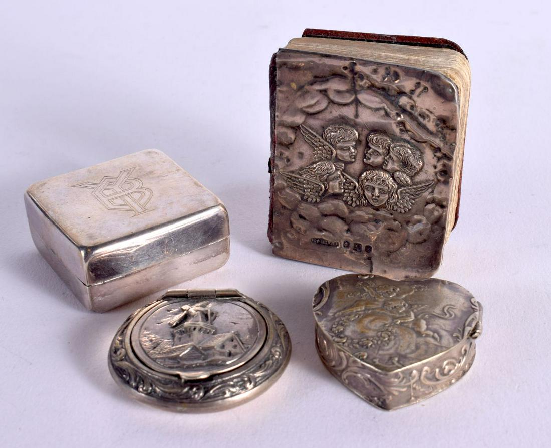 THREE SILVER BOXES TOGETHER WITH A BOOK WITH A SILVER COVER.  Hallmarked Birmingham 1905 and stamped (1 of 3)