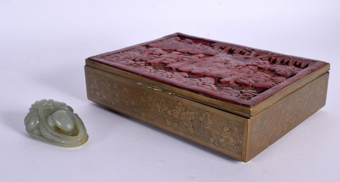 AN EARLY 20TH CENTURY CHINESE CARVED CINNABAR LACQUER BOX together with a jade figure of a boy. Larg (1 of 10)