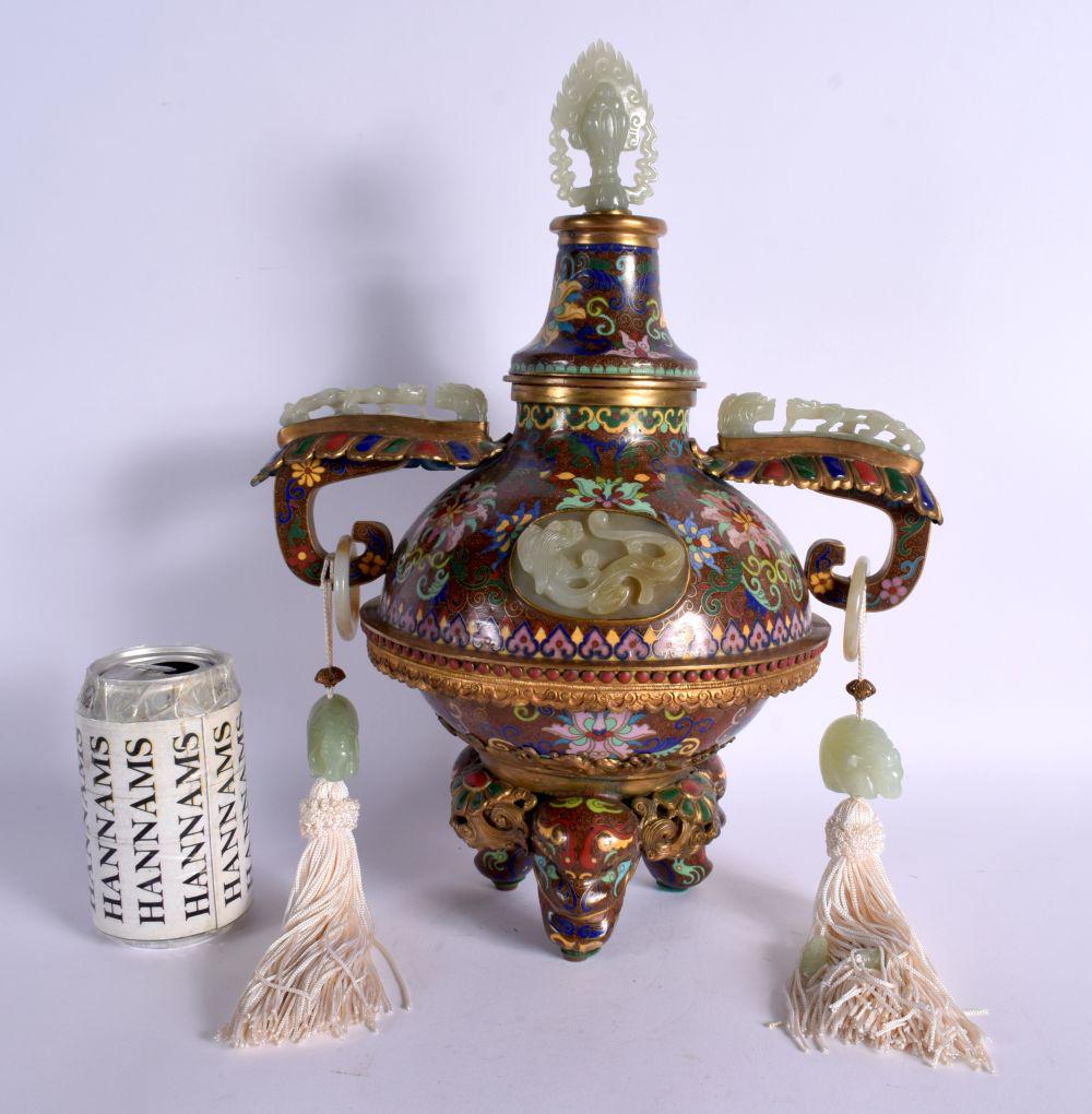 A RARE LATE 19TH CENTURY CHINESE CLOISONNE ENAMEL AND JADE CENSER AND COVER Late Qing, decorated wit (1 of 19)