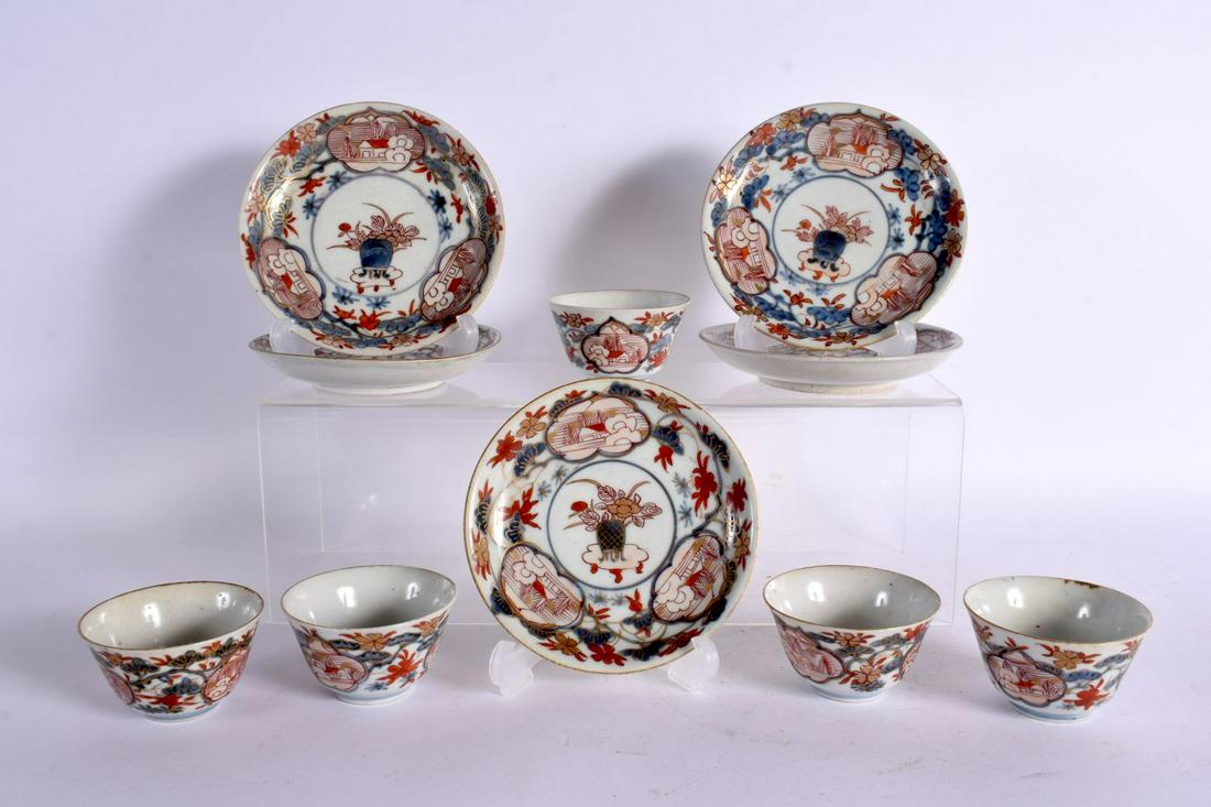 A SET OF FIVE 18TH CENTURY JAPANESE IMARI PORCELAIN TEABOWLS AND SAUCERS painted with foliage and vi (1 of 7)
