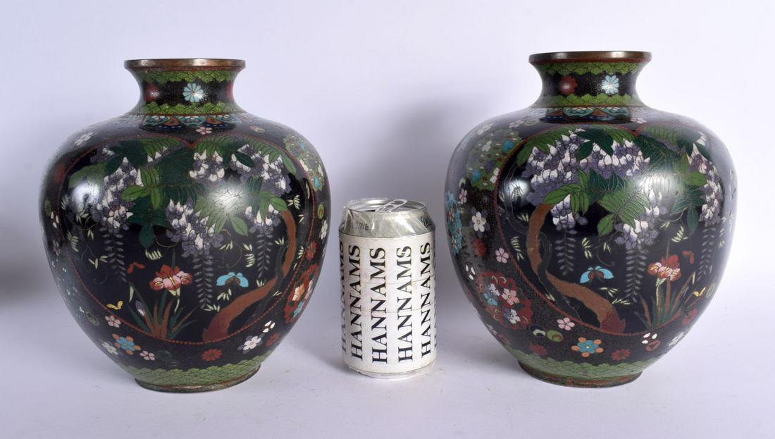 A LARGE PAIR OF 19TH CENTURY JAPANESE MEIJI PERIOD CLOISONNE ENAMEL VASES decorated with floral spra (1 of 5)