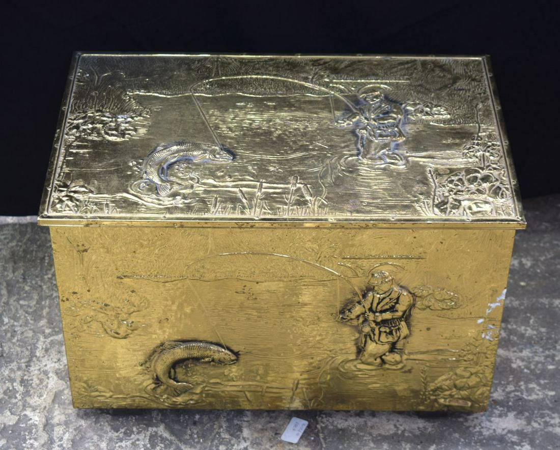 A large hammered  brass covered wooden box with hinged lid decorated with fly fishing scenes (1 of 4)