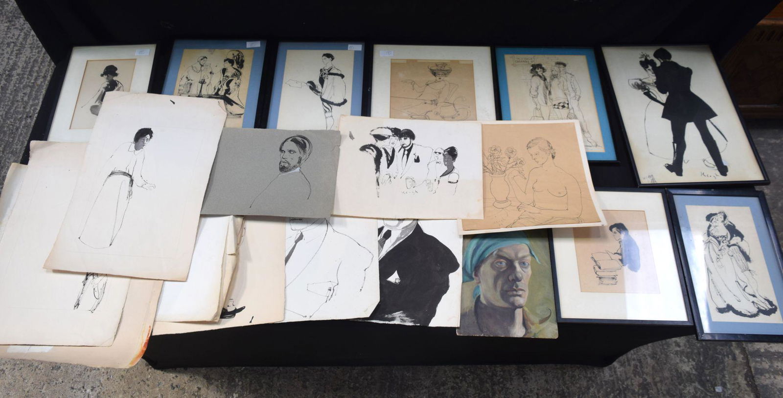 A collection of Tom Keogh drawings, oils and pastels including a self portrait 43 x 31 cm (1 of 6)