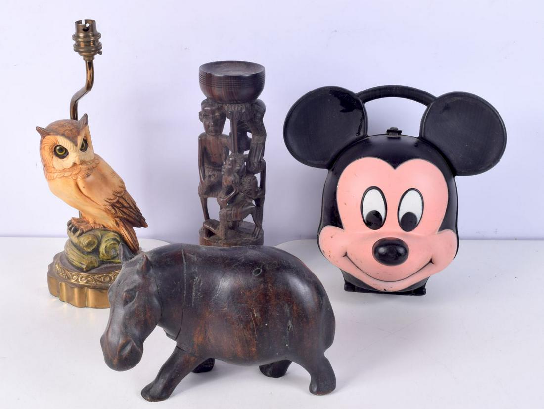 A Collection of African wooden carvings , an owl lamp and a vintage Mickey mouse plastic lunchbox 33: A Collection of African wooden carvings , an owl lamp and a vintage Mickey mouse plastic lunchbox 33 cm (4)