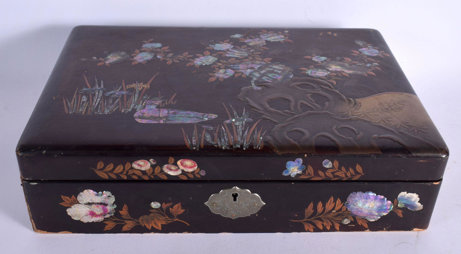 A LARGE EARLY 20TH CENTURY JAPANESE MEIJI PERIOD BLACK LACQUER BOX AND COVER decorated with birds an (1 of 4)