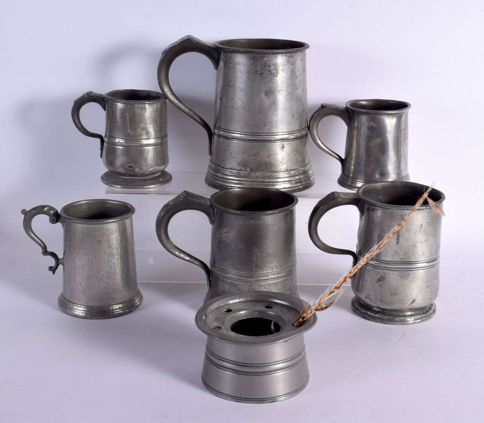 TWO WILLIAM IV PEWTER MUGS together with other similar pewter. Largest 16 cm high. (7) (1 of 9)