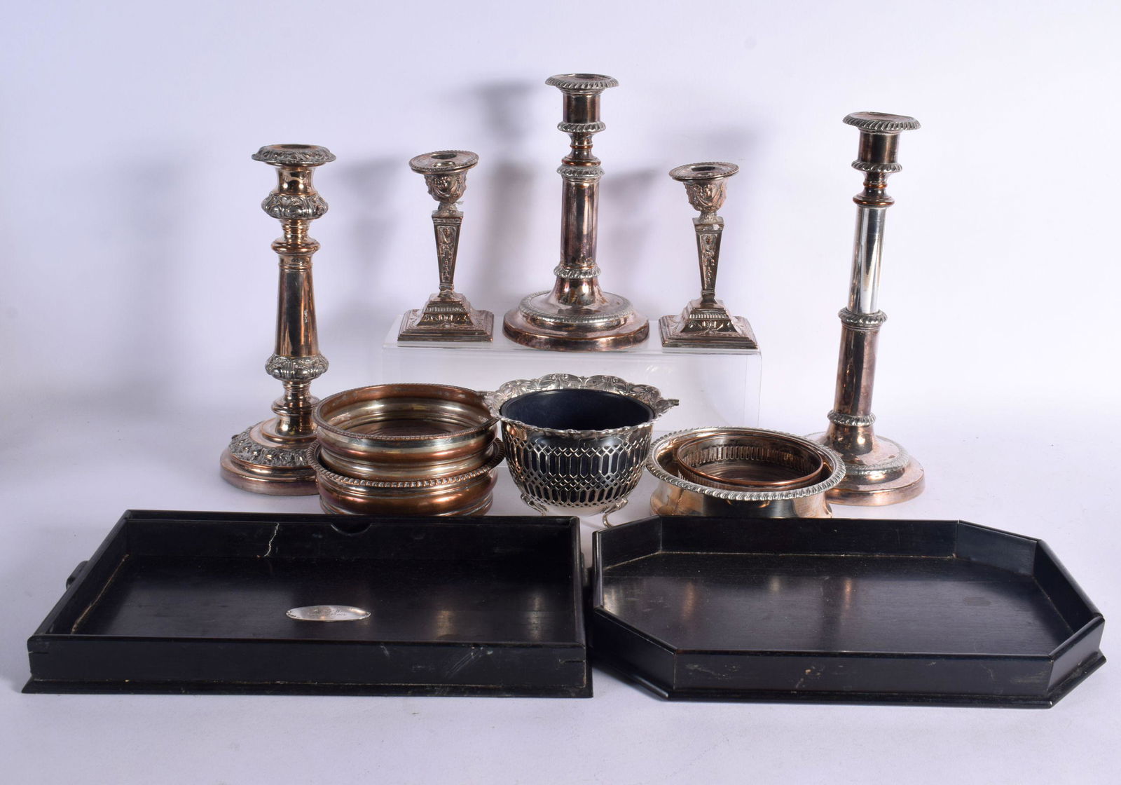 A COLLECTION OF ANTIQUE OLD SHEFFIELD PLATE including candlesticks, a silver mounted wood tray etc. (1 of 9)