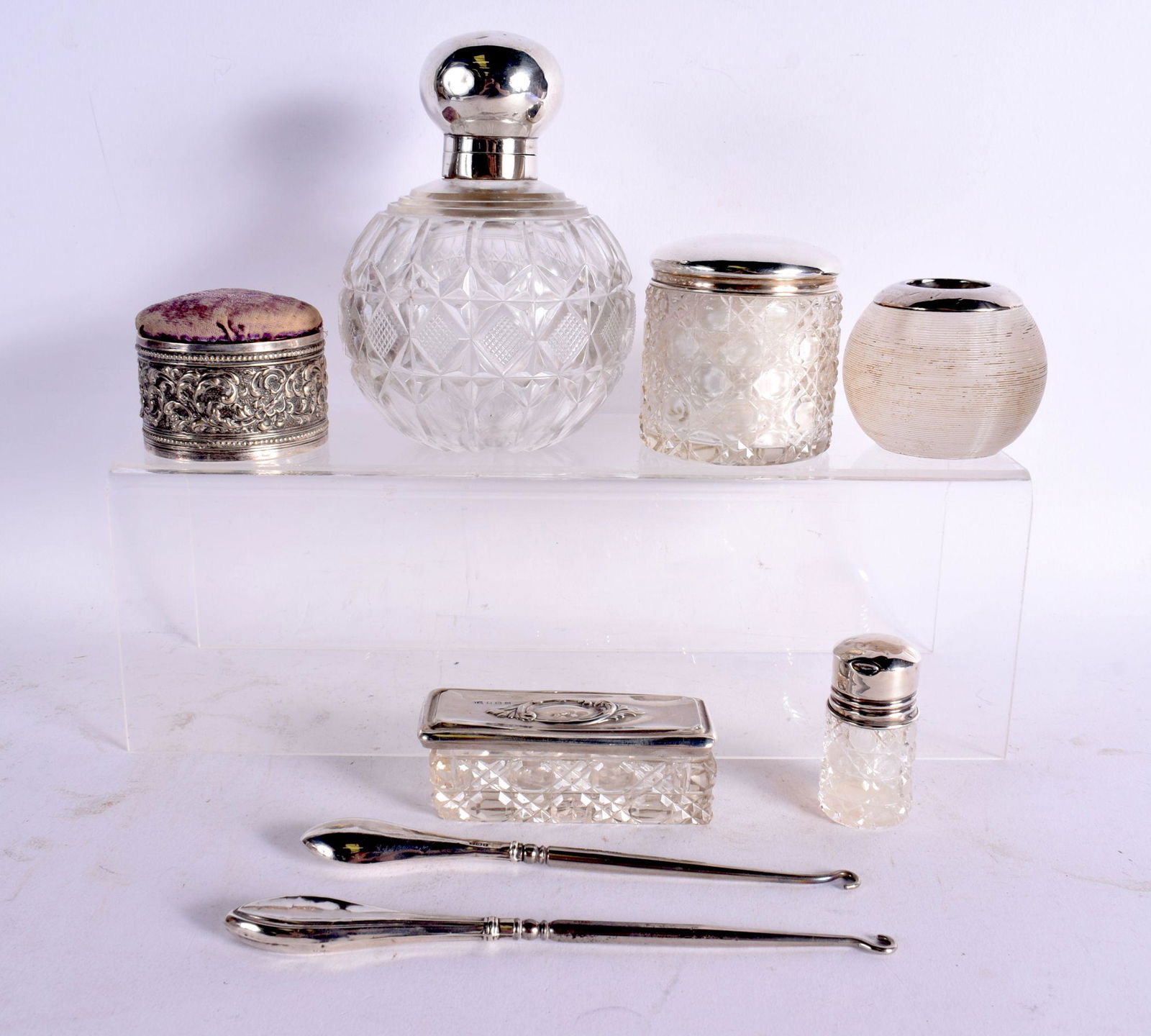 ANTIQUE SILVER TOPPED DRESSING TABLE JARS etc. Birmingham 1903, 1946, London 1898 etc. 1258 grams ov (1 of 6)