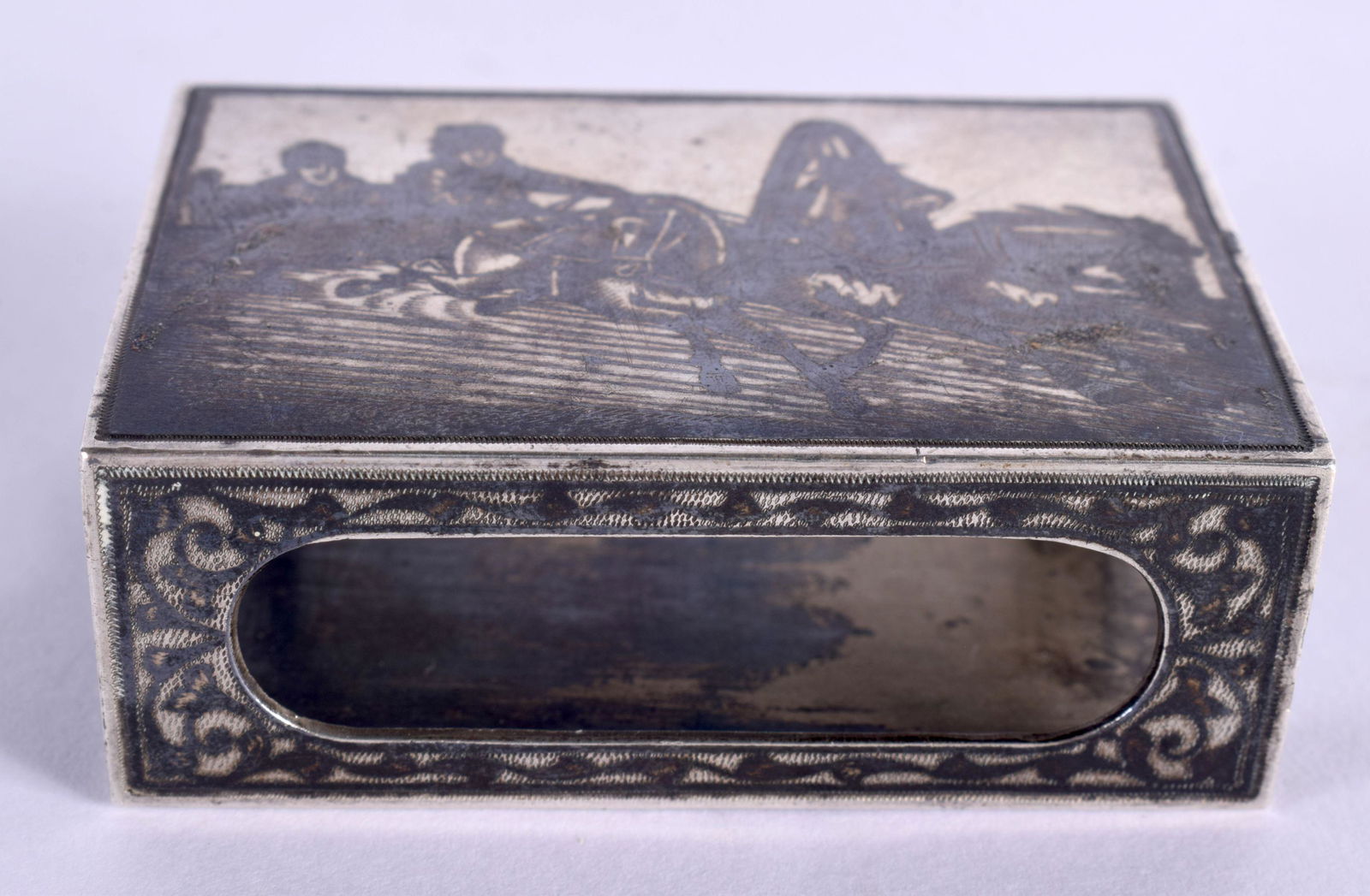 AN ANTIQUE RUSSIAN SILVER NIELLO MATCH BOX HOLDER. 52 grams. 6 cm x 2 cm. (1 of 4)