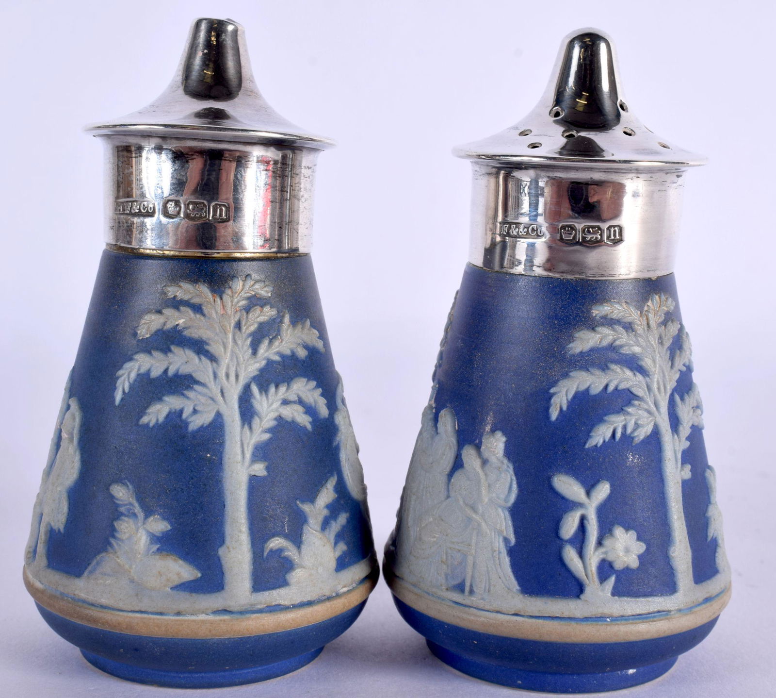 A PAIR OF ART DECO SILVER MOUNTED WEDGWOOD CONDIMENTS. Sheffield 1930. 8 cm x 4.5 cm. (1 of 5)