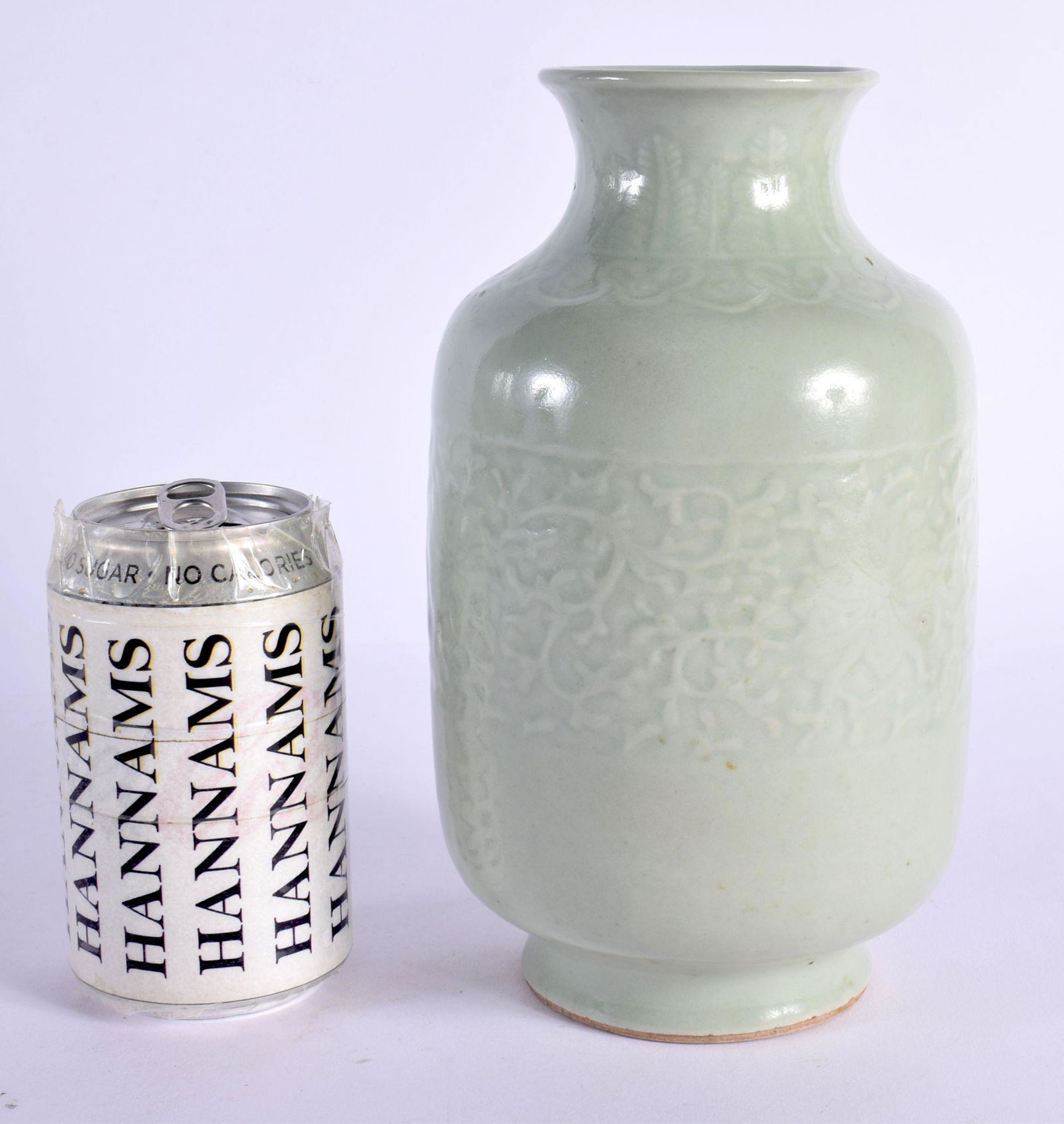AN 18TH / 19TH CENTURY CHINESE CELADON GLAZED PORCELAIN VASE with raised central lotus decoration, 2 (1 of 6)