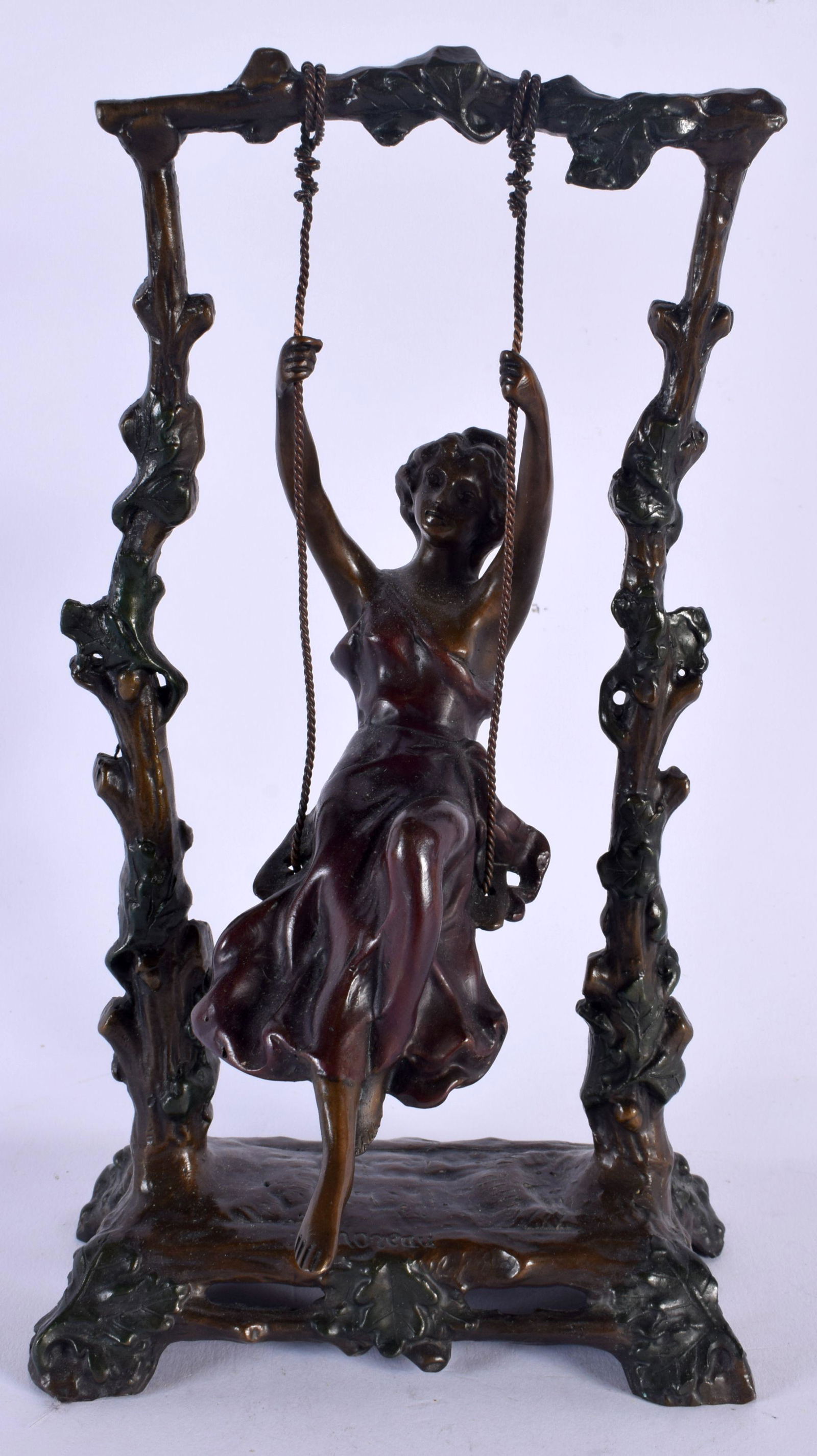 A VINTAGE BRONZE FIGURE OF A GIRL ON SWING After Moreau, modelled upon a swing. 27 cm x 11 cm. (1 of 5)