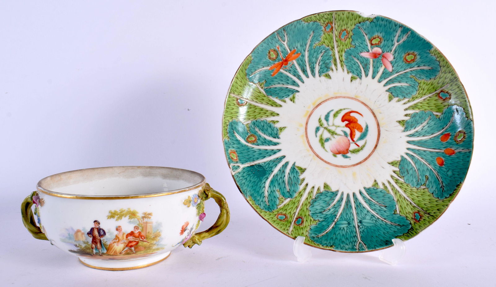 AN ANTIQUE GERMAN TWIN HANDLED PORCELAIN BOWL together with a Chinese plate. Largest 22 cm wide. (2) (1 of 6)