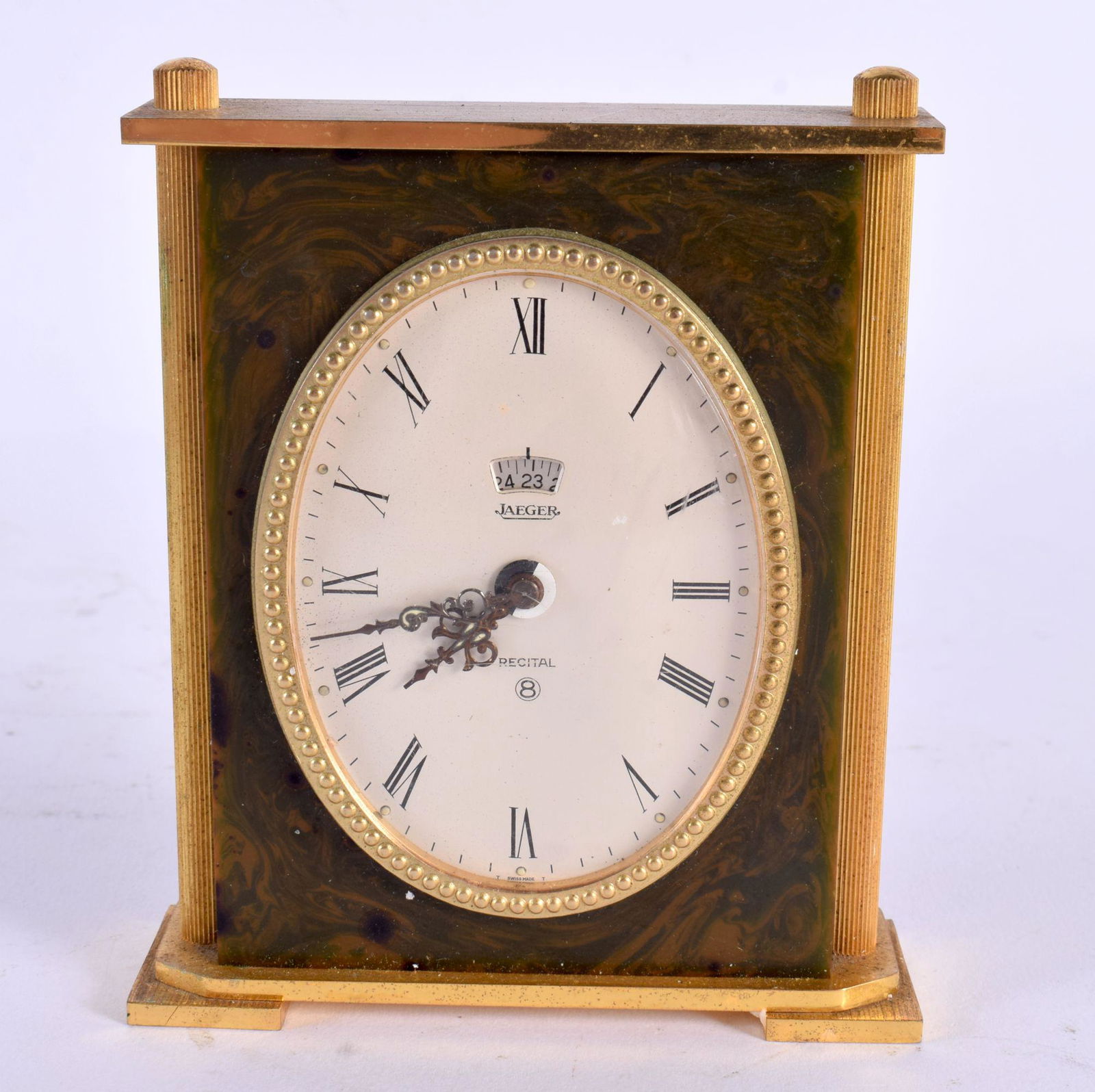 A VINTAGE JAEGER RECITAL BAKELITE CLOCK. 11 cm x 8 cm. (1 of 2)