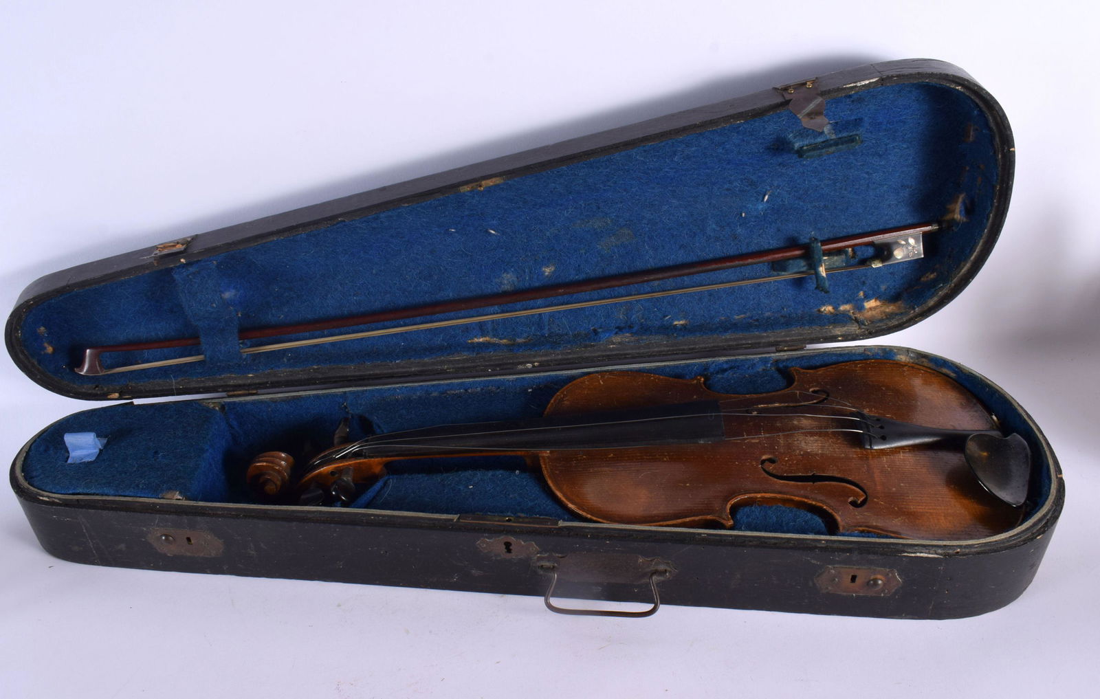 A TWO PIECE BACK VIOLIN together with a bow by Ludwig Bausch (1829-1871). Violin 59 cm long, length (1 of 16)