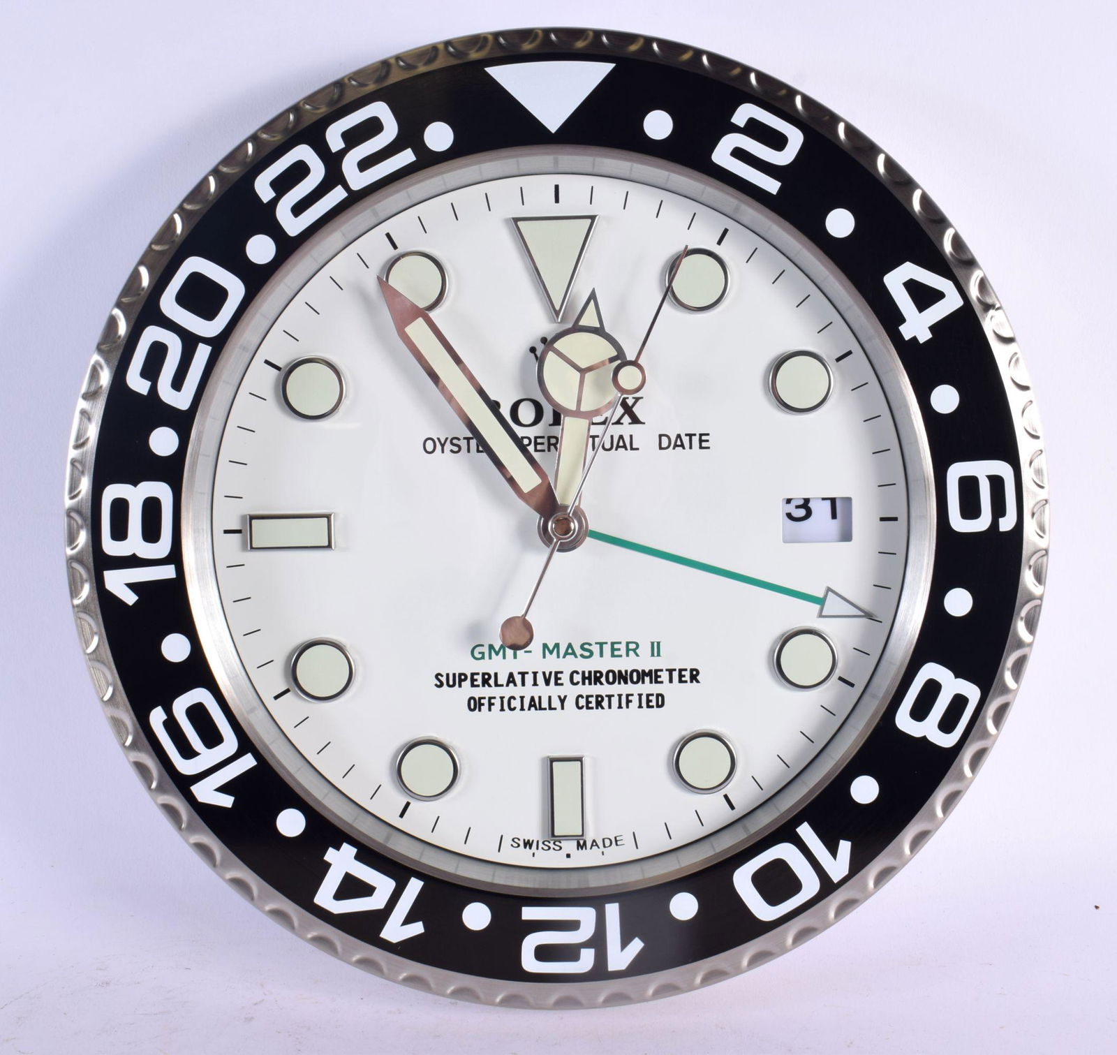 A ROLEX SHOP DISPLAY ADVERTISING WALL CLOCK. 33 cm diameter.: A ROLEX SHOP DISPLAY ADVERTISING WALL CLOCK. 33 cm diameter.