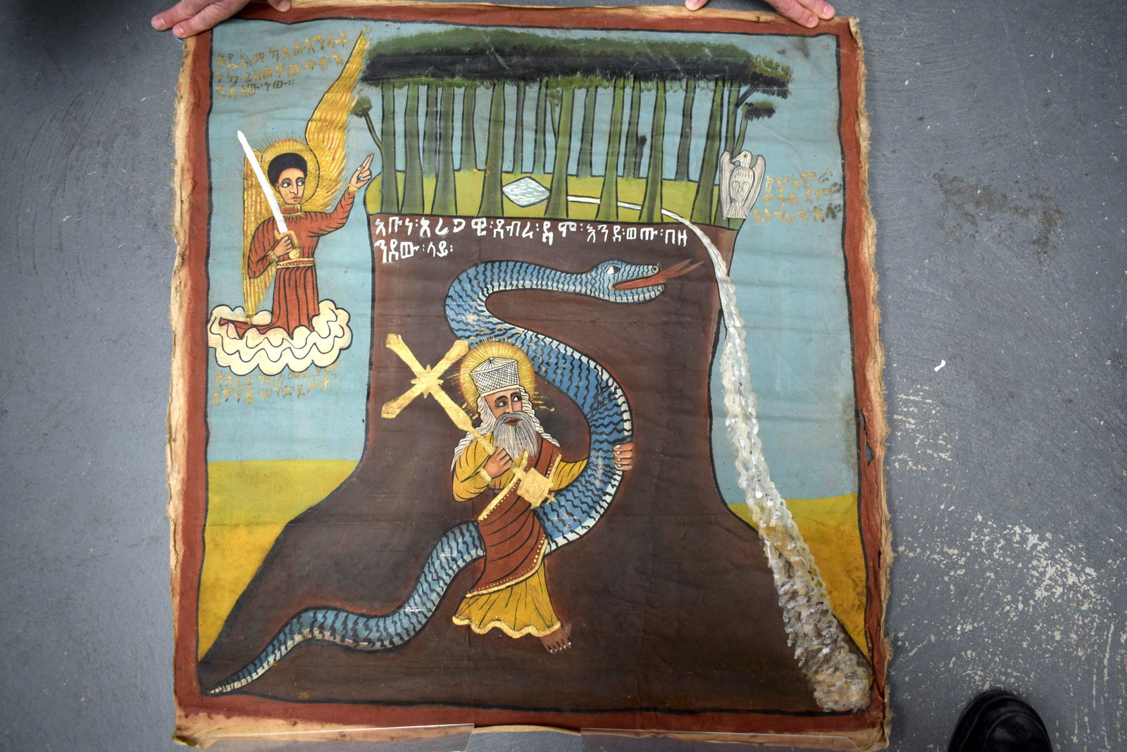 AN EARLY SOUTHERN EUROPEAN PAINTED ICON TYPE HANGING depicting figures and scripture. 83 cm x 80 cm. (1 of 9)