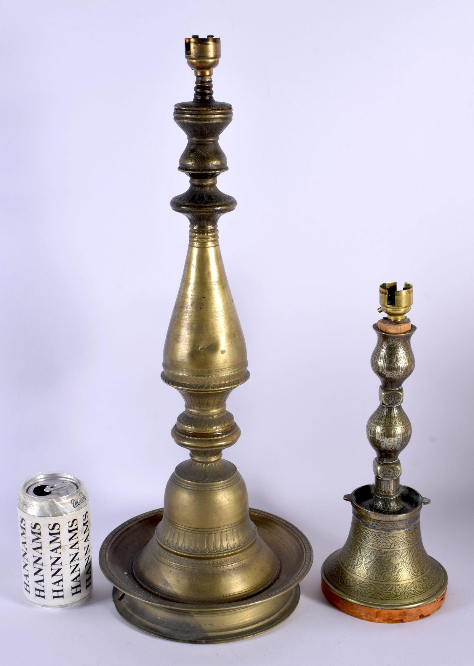 A LARGE 19TH CENTURY MIDDLE EASTERN INDIAN BRONZE LAMP together with a smaller Islamic bronze kufic (1 of 3)