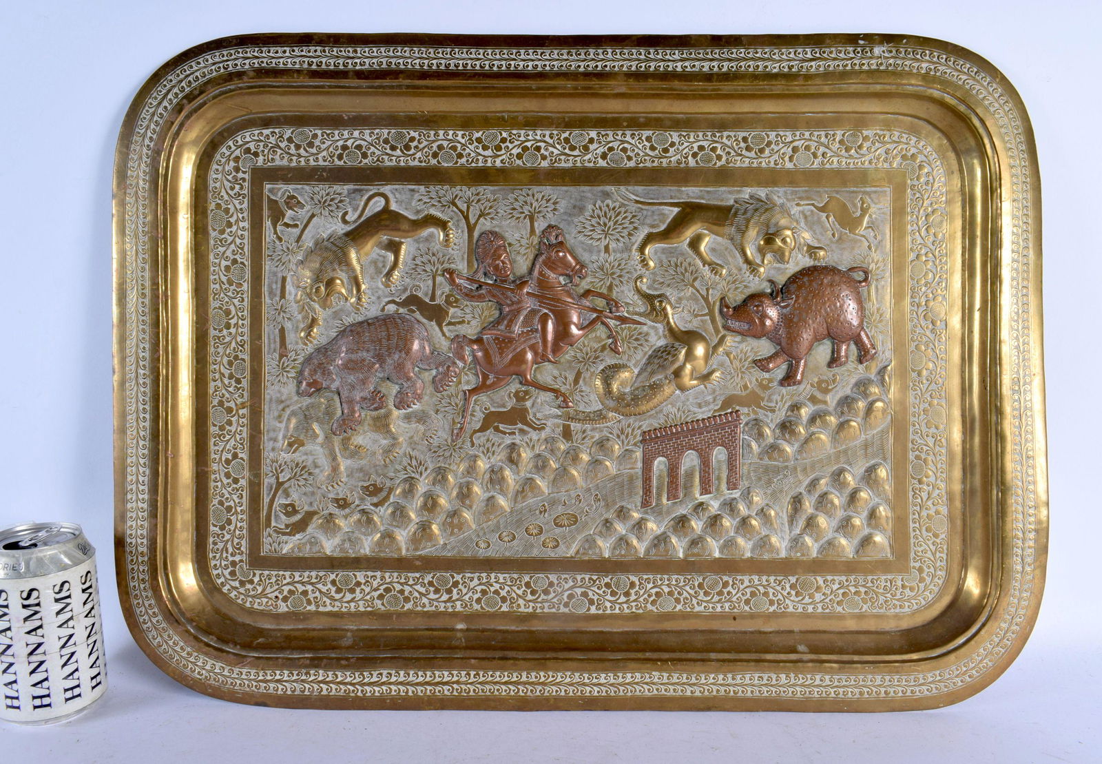 A LARGE 19TH CENTURY INDIAN MIXED METAL RECTANGULAR TRAY decorated with a hunting scene. 60 cm x 44 (1 of 6)