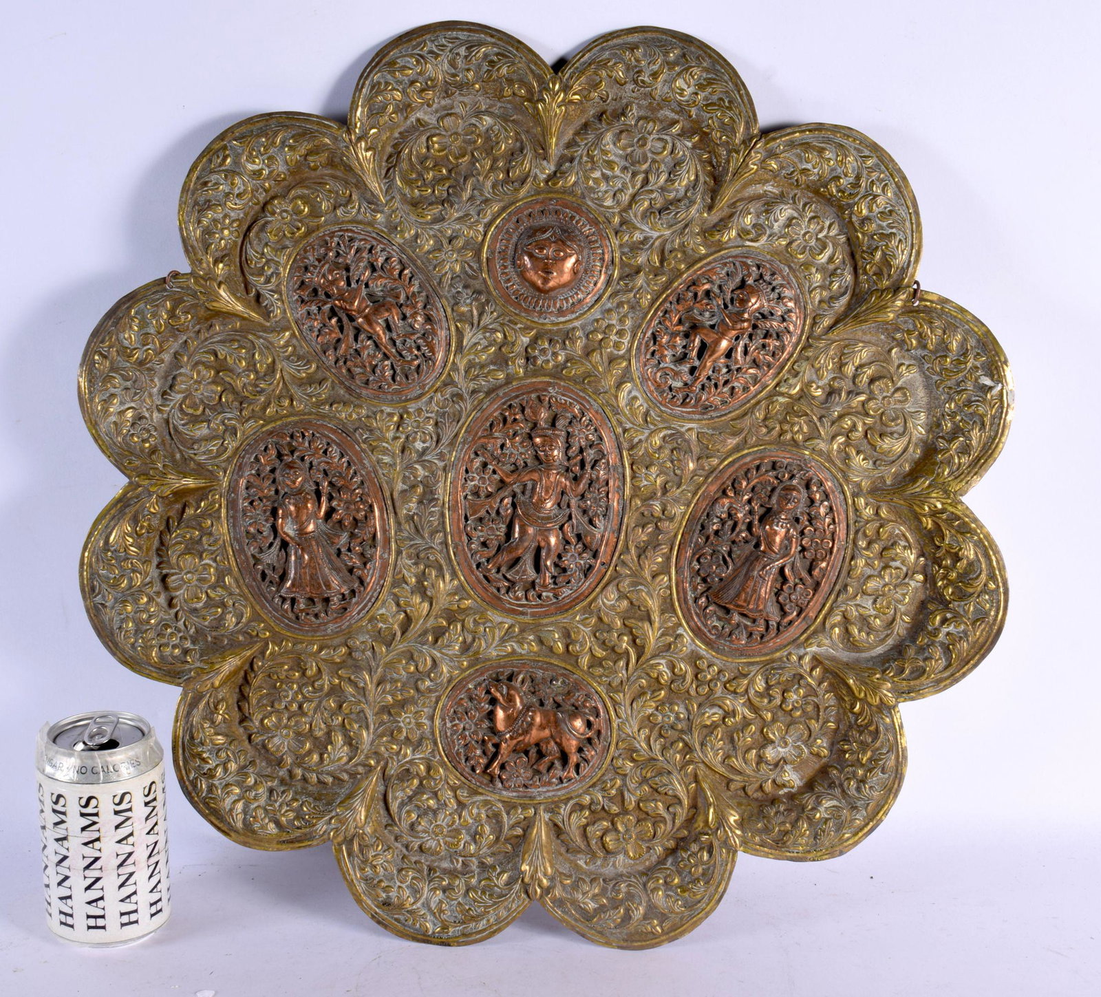 A LARGE 19TH CENTURY MIDDLE EASTERN INDIAN MIXED METAL SCALLOPED CHARGER decorated with figures in v (1 of 8)