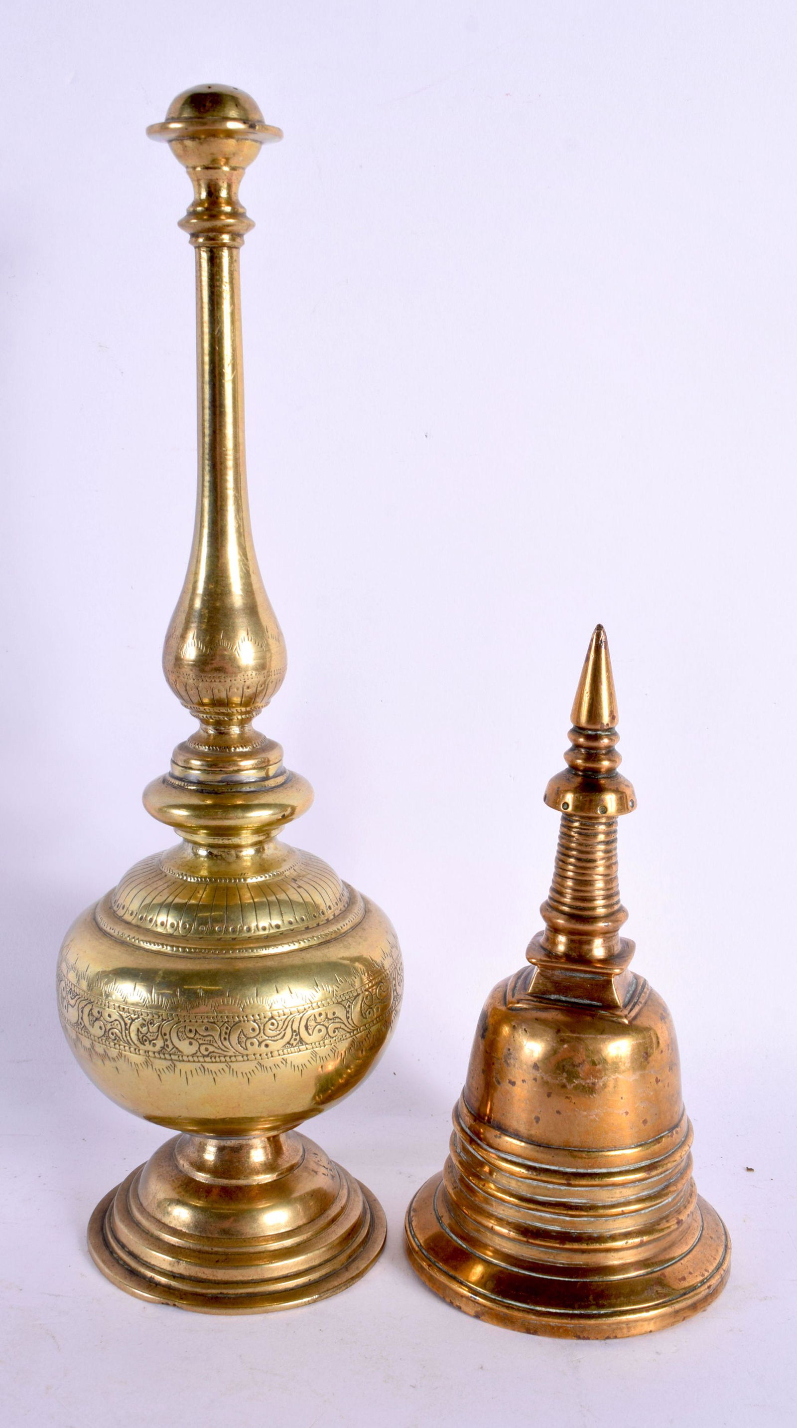 A LARGE 19TH CENTURY MIDDLE EASTERN INDIAN BRONZE ROSE WATER SPRINKLER together with a small bronze (1 of 3)