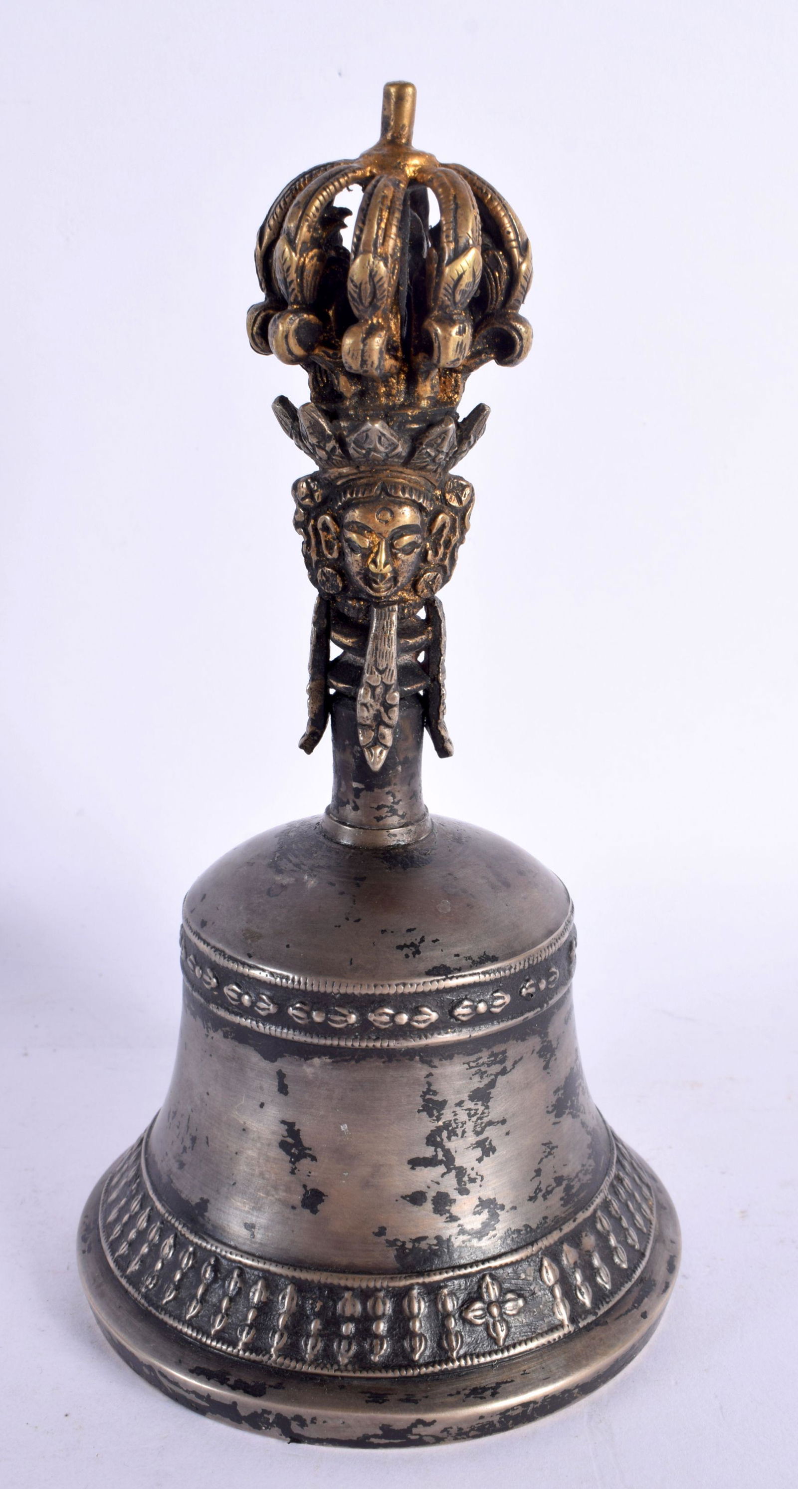 A 19TH CENTURY TIBETAN BRONZE MIXED METAL BUDDHISTIC BELL with phurba type finial. 20 cm high. (1 of 3)