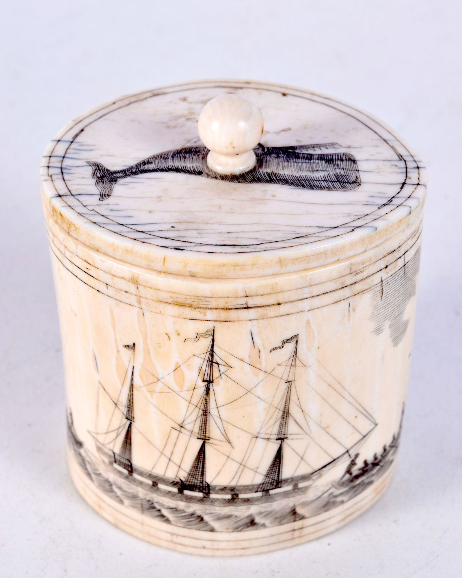 A 19TH CENTURY AMERICAN CARVED MARINE TOOTH SCRIMSHAW BOX AND COVER engraved with whales and boats.: A 19TH CENTURY AMERICAN CARVED MARINE TOOTH SCRIMSHAW BOX AND COVER engraved with whales and boats. 8 cm x 6.5 cm.