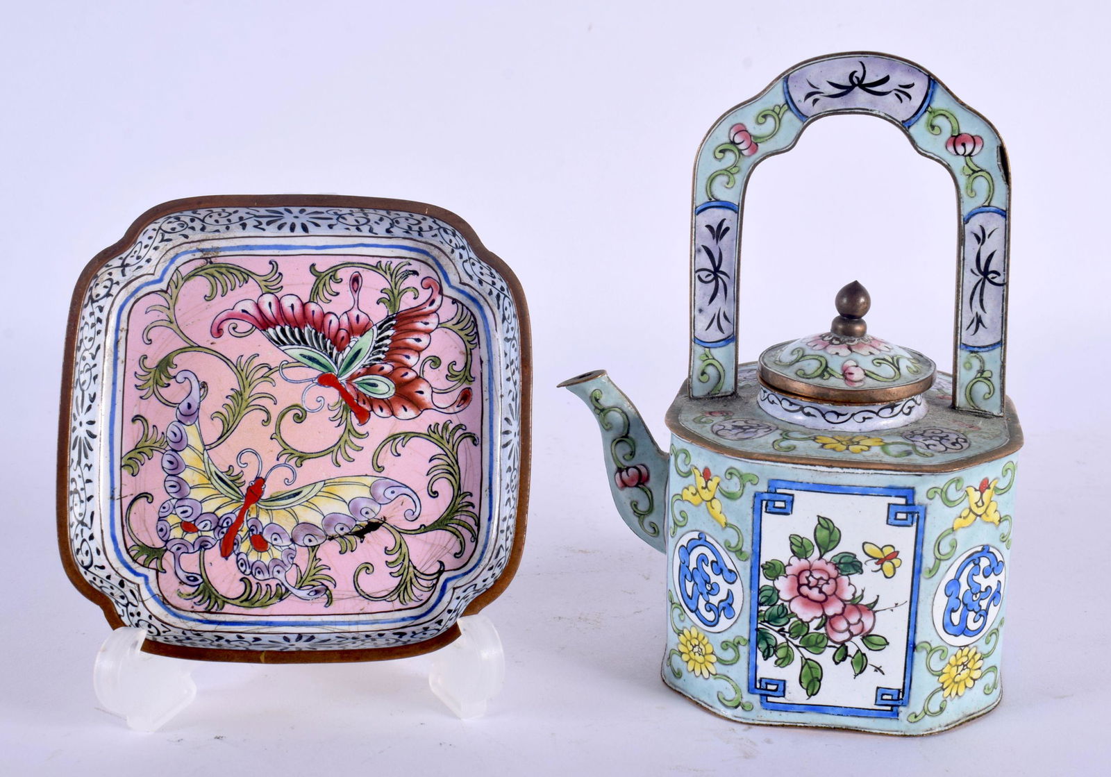 A 19TH CENTURY CHINESE CANTON ENAMEL SQUARE FORM DISH together with a similar teapot and cover. Larg (1 of 4)