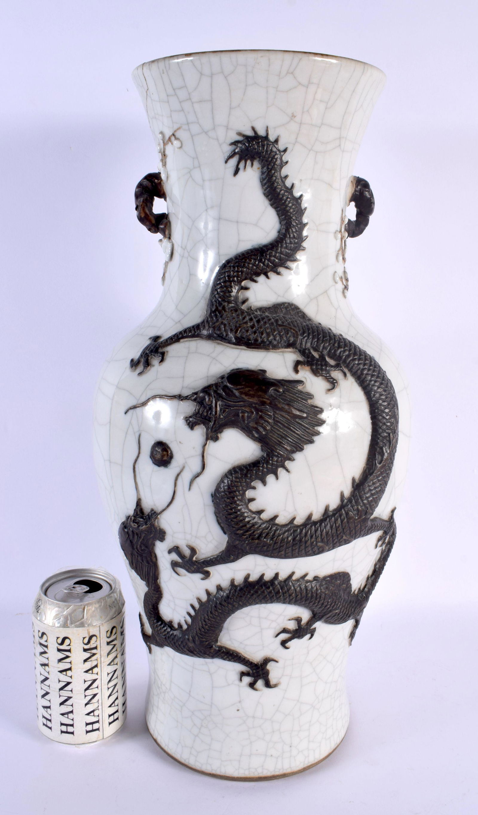 A LARGE 19TH CENTURY CHINESE CRACKLE GLAZED STONEWARE VASE Qing, overlaid with dragons. 45 cm x 18 c (1 of 6)