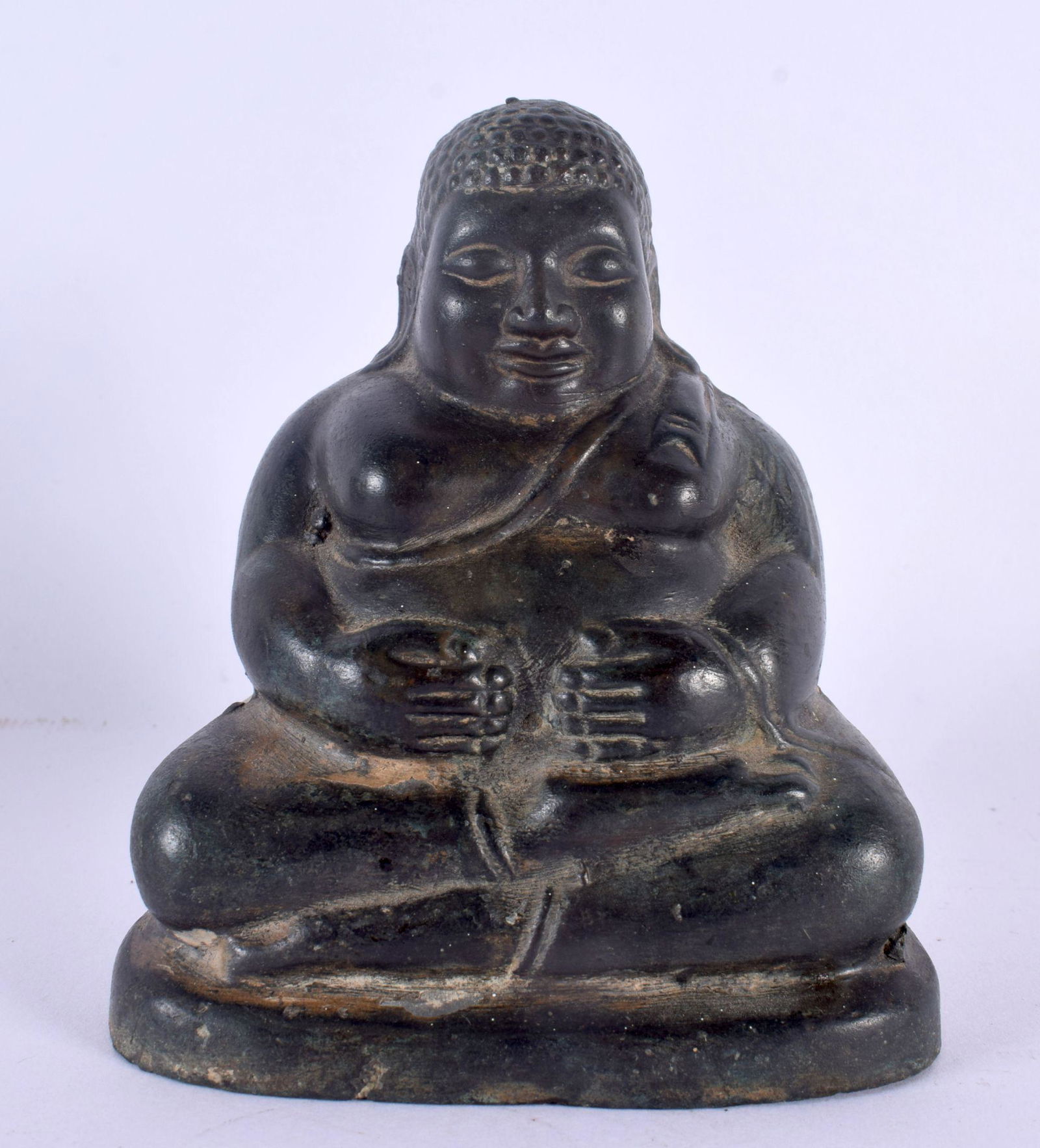 AN 18TH CENTURY JAPANESE KOREAN BRONZE FIGURE OF A BUDDHA modelled clutching his belly. 12 cm x 7 cm (1 of 4)